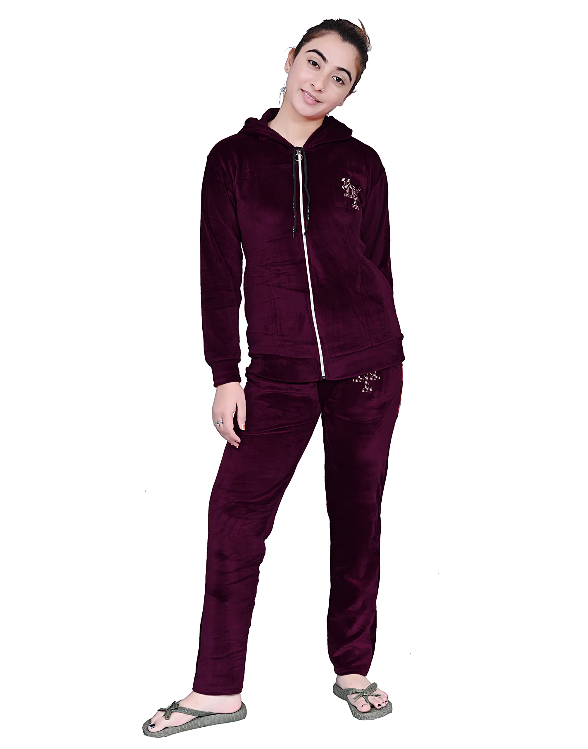 hainah Women Velvet Super Soft Solid Night Suits/Tracksuit, Jacket with Hood & Payjama-picture-27