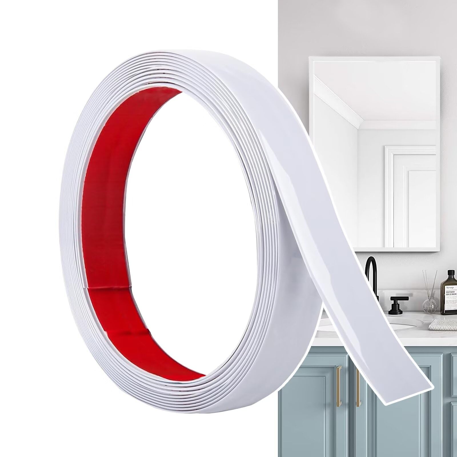 Hengrongshen Self Adhesive Moulding Trim Matte White (6M x 2.5cm) Flexible PVC Peel and Stick Wall Trim Decorative Edge Strip for Wall, Tile, Mirror, Window, Cabinet, Bathroom, DIY Trim