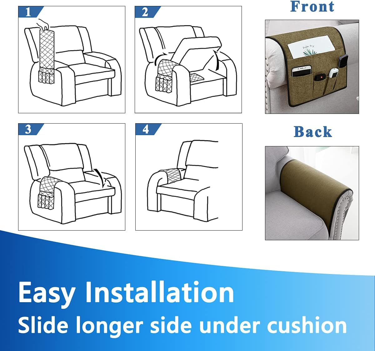 Guken Couch Caddy Remote Storage Organizer Armrest Organizer Sofa Caddy Remote Control Holder Slip Resistant with 5 Pockets for Remotes, Glasses, Books, Magazines, Ipad, Snacks (Chocolate, L35 x W13)