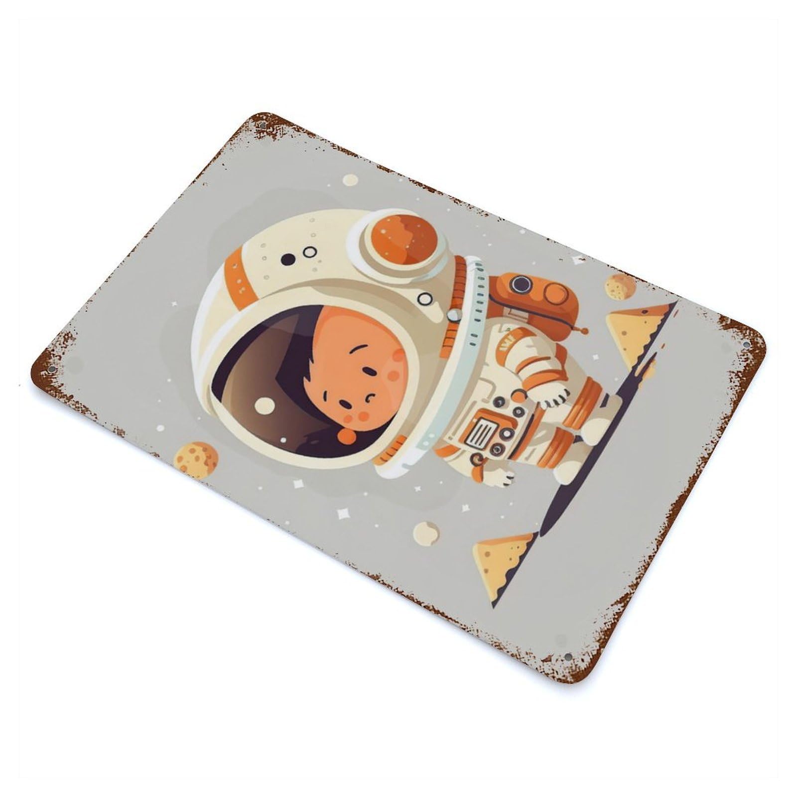 Astronaut Cute Aged Metal Wall Plaque 11.8"x7.9", Industrial Home Decor for Pub, Kitchen And Man Cave Decor
