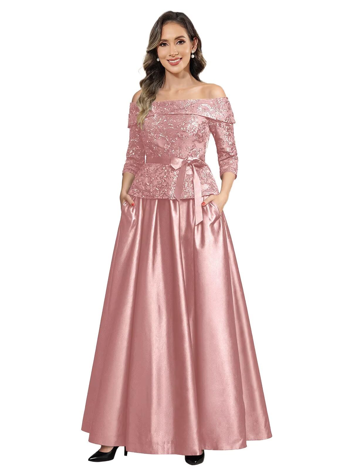Sparkly Lace Mother of The Bride Dresses Long Off The Shoulder Satin Formal Wedding Guest Gowns with Pockets