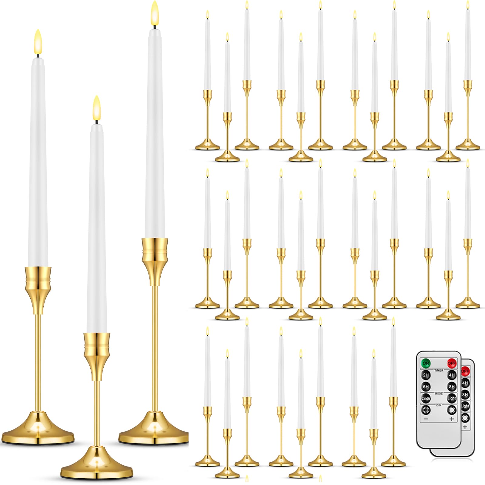 Glooglitter 30 Set(60 Pcs) Gold Candle Holders with LED Flameless Taper Candles Bulk Include Metal Taper Candlestick Holder Battery Operated