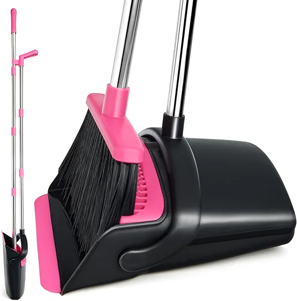 XXFLOWER Broom and Dustpan Set, Long Handle Lightweight Dustpans with Broom Combo for Home, Indoor&Outdoor Sweeping for Home Room Kitchen Office Lobby (Black Pink)