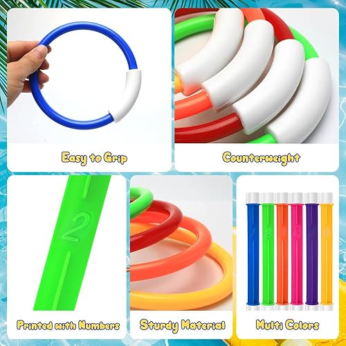 Miniatura 6 de Juguetes de piscina de buceo para niños de 4 a 8 años, anillos de buceo de entrenamiento subacuático, palos coloridos de hundimiento, juguete de