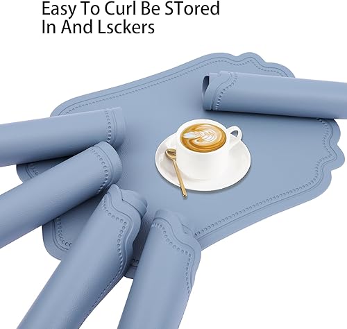 Miniatura 5 de XINYUN Juego de 6 manteles individuales de cuero sintético azul para mesa de comedor, lavables, resistentes al calor, antideslizantes, impermeables,