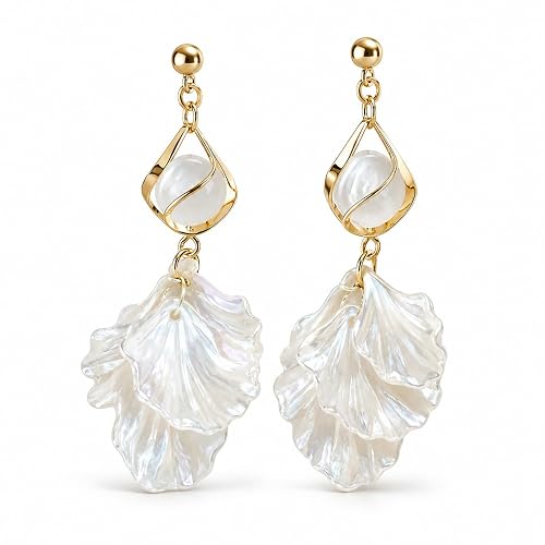 White Shell Petal Drop Earrings for Women, Gold Dangle Earrings