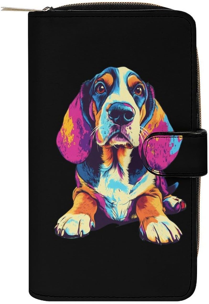 Sitting Basset Hound Dog Colorful Womens Wallet for Men Slim Purse Clutch Handbag with Card Holder