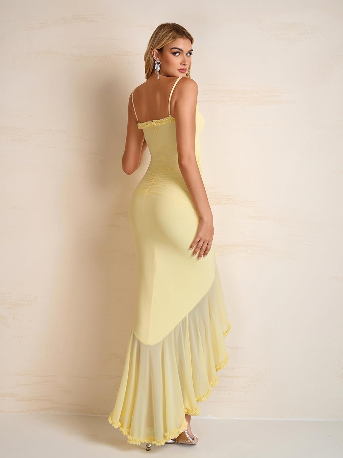 KUTUMAI Elegant Ruffle Long Formal Wedding Guest Dress Ruched Bodycon Slit Maxi Cocktail Dresses for Women