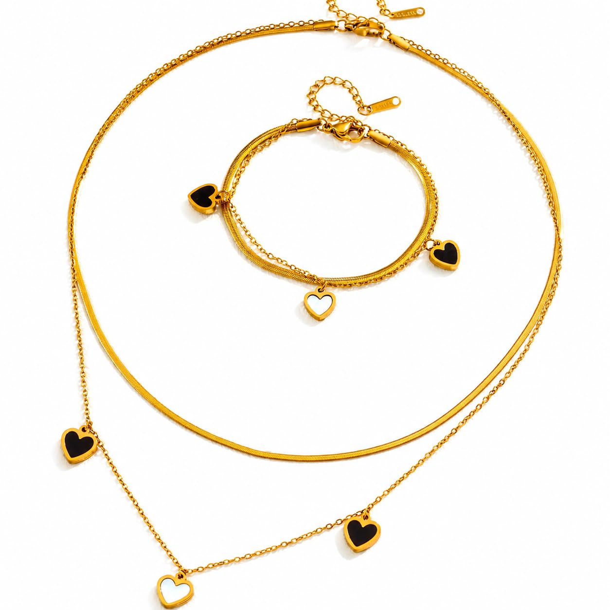 Gold Plated Layered Heart Charm Necklace with Matching Bracelet Set for Women & Girls | Dual Layer Chain Necklace | Stainless Steel Fashion Jewelry-image-21
