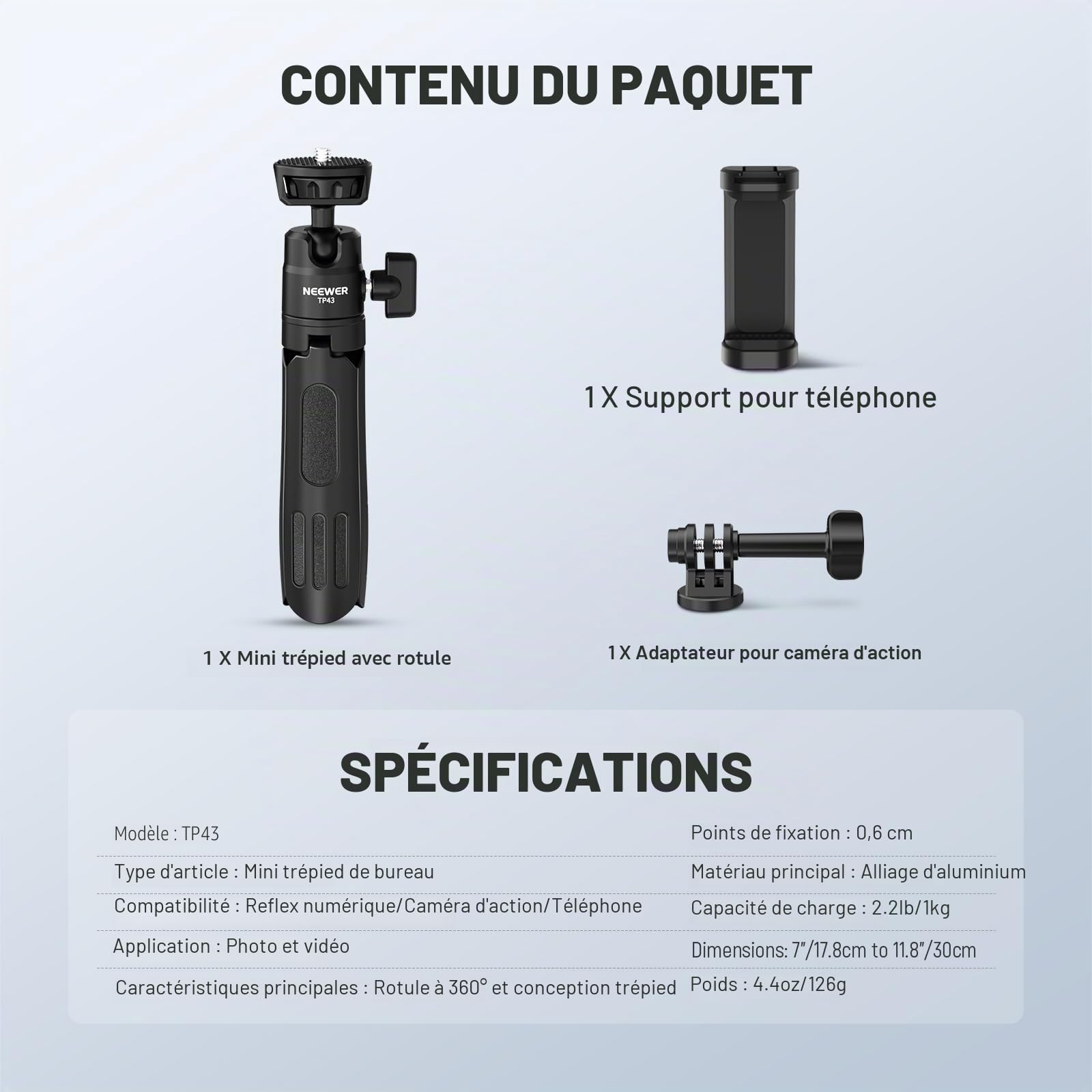 NEEWER Mini Perche à Selfie Bureau Trépied Compatible avec iPhone,GoPro,Insta360,DJI,avec 360°Rotule et Axe Central Élevé,Support Portable en Métal pour Caméra,Webcam,Téléphone Portable,Vlog,TP43 Noir