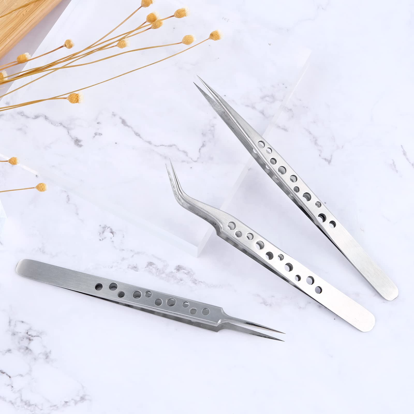 3 Pinzette di Precisione in Acciaio Inox, Pinzette Industriali Antistatiche, Pinzetta per Extension Ciglia Professionali, Dritto e Curvo Tweezers Elettronica per Arte Fai Da Te, Artigianato, Gioielli
