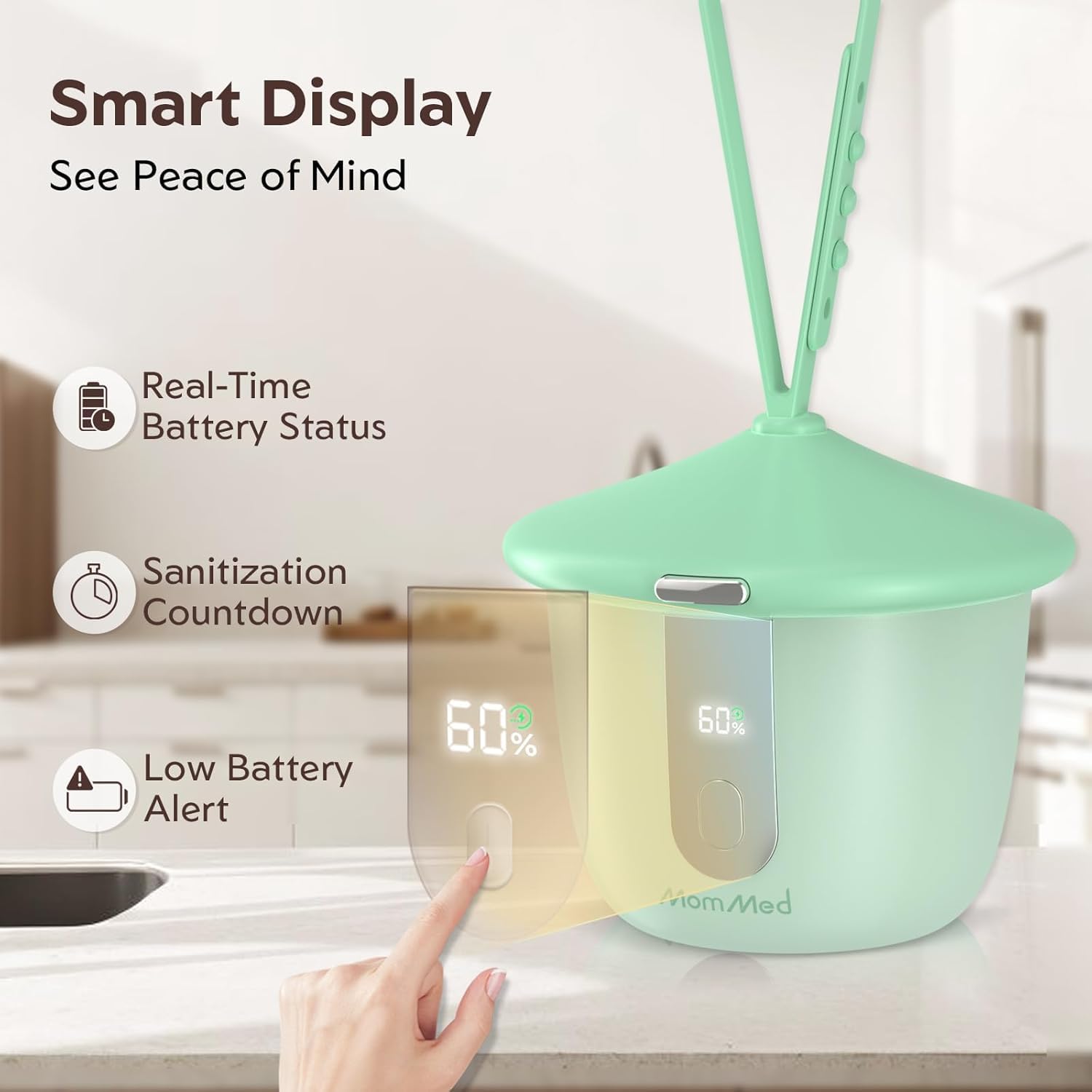 MOMMED Stérilisateur Tétine Portable UV-C, Boîte Stérilisatrice Tétine Bébé avec 6 LED, Nettoyage Rapide en 1 Minute, Rechargeable USB-C, Étui Tétine avec Écran Intelligent pour Maison et Voyage, Vert