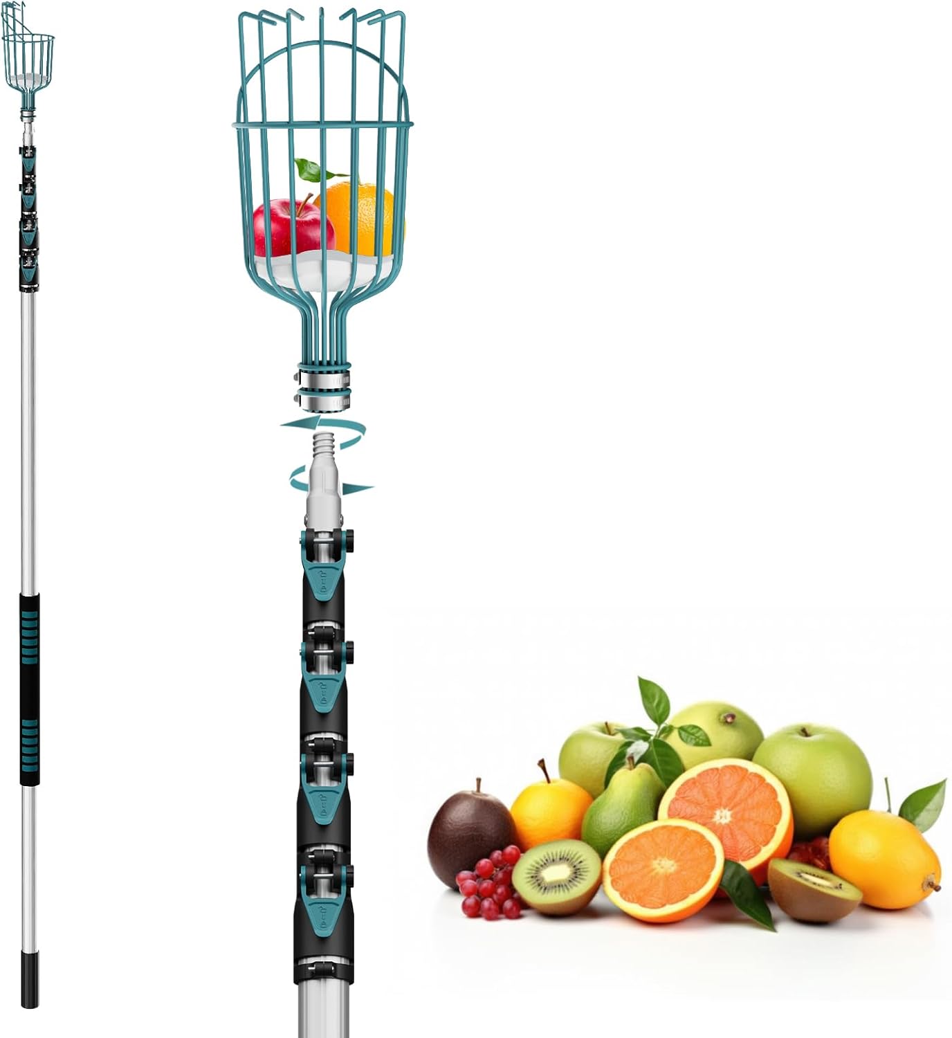 24FT Telescoping Fruit Picker (30+ Foot Reach) | Lightweight High-Grade Aluminum Extension Pole with Easy Attach Twist-On Apple Basket | Durable Fruit Picking Tool 24FT POLE