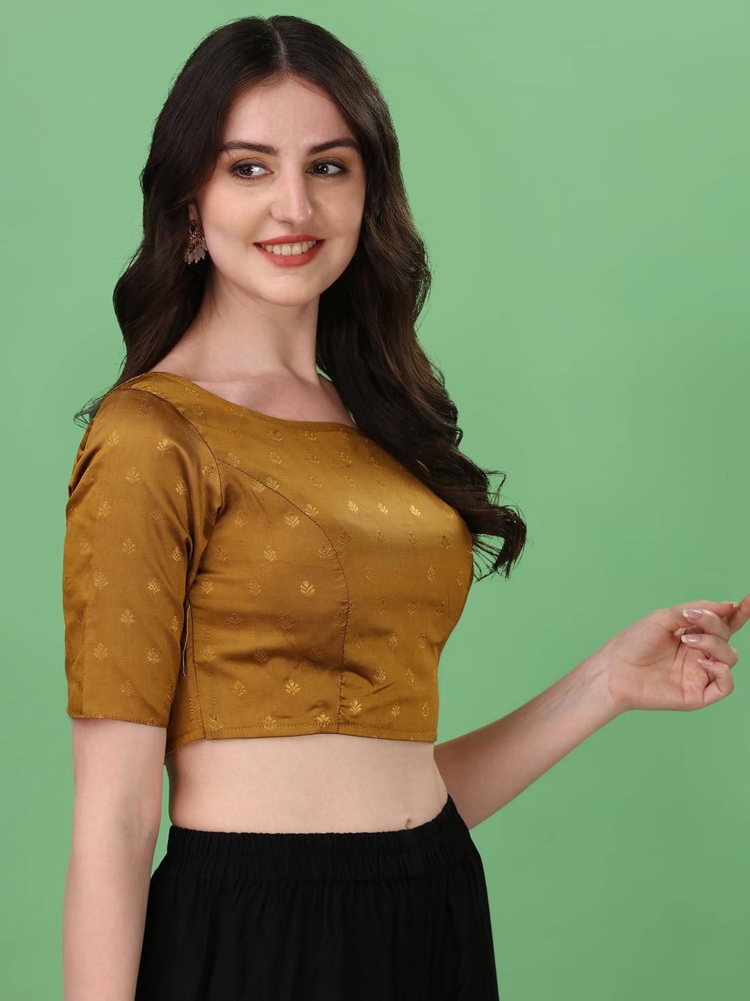 Oomph Women's Indian Ethnic Wear Designer Leaf Pattern Boat Neck Half Sleeve Brocade Brown Blouse For Saree Or Lehnga And Blousepalazzos Or Skirts For A Fusion Twist.