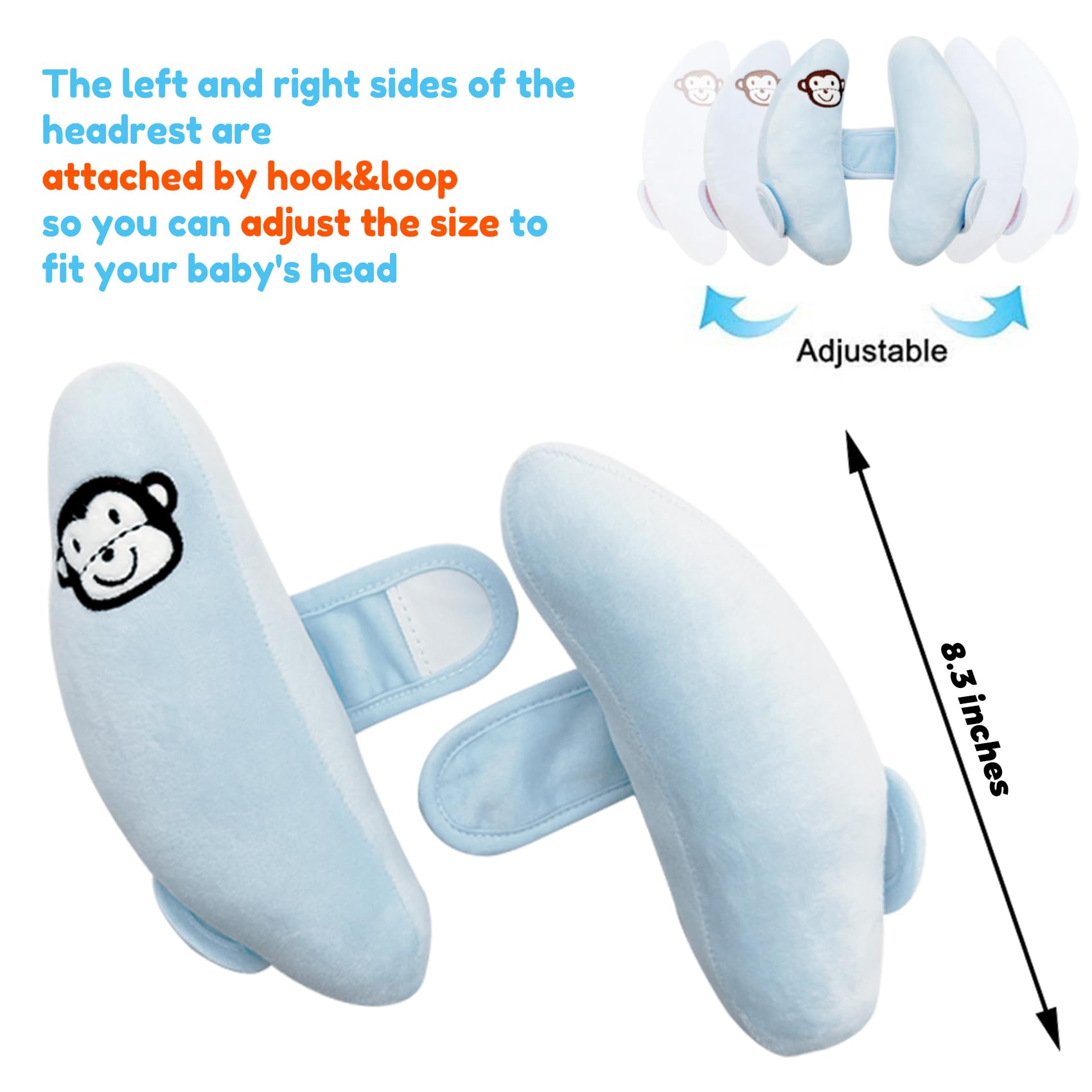 Cuscino di supporto regolabile per testa e collo, cuscino da viaggio per seggiolino auto, cuscino poggiatesta per passeggino, cuscino di supporto per testa e collo per passeggino, blu