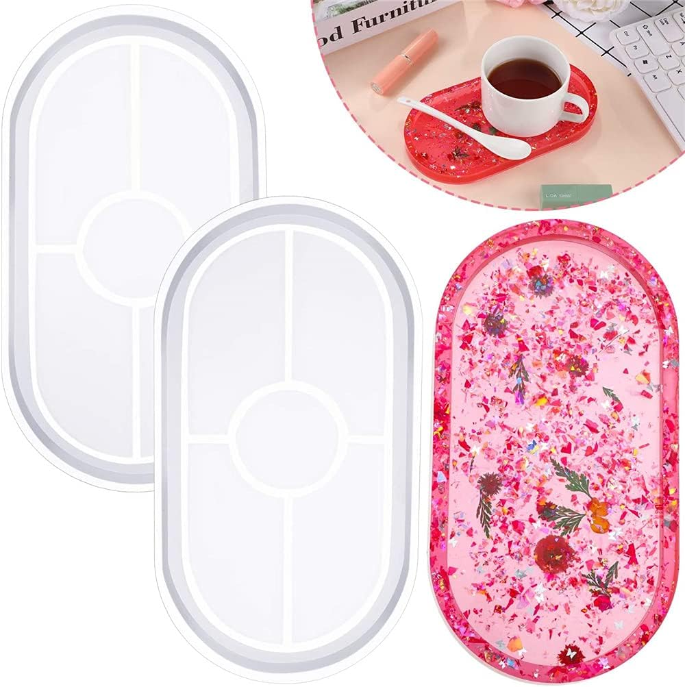 DELFINO Tray Resin Mold Craft Jewelry Making Molds Oval Tray Mold DIY Epoxy Mold Silicone Resin Mold Plate Dish Casting Mold for Office Home Decoration Supplies (2 Pieces)