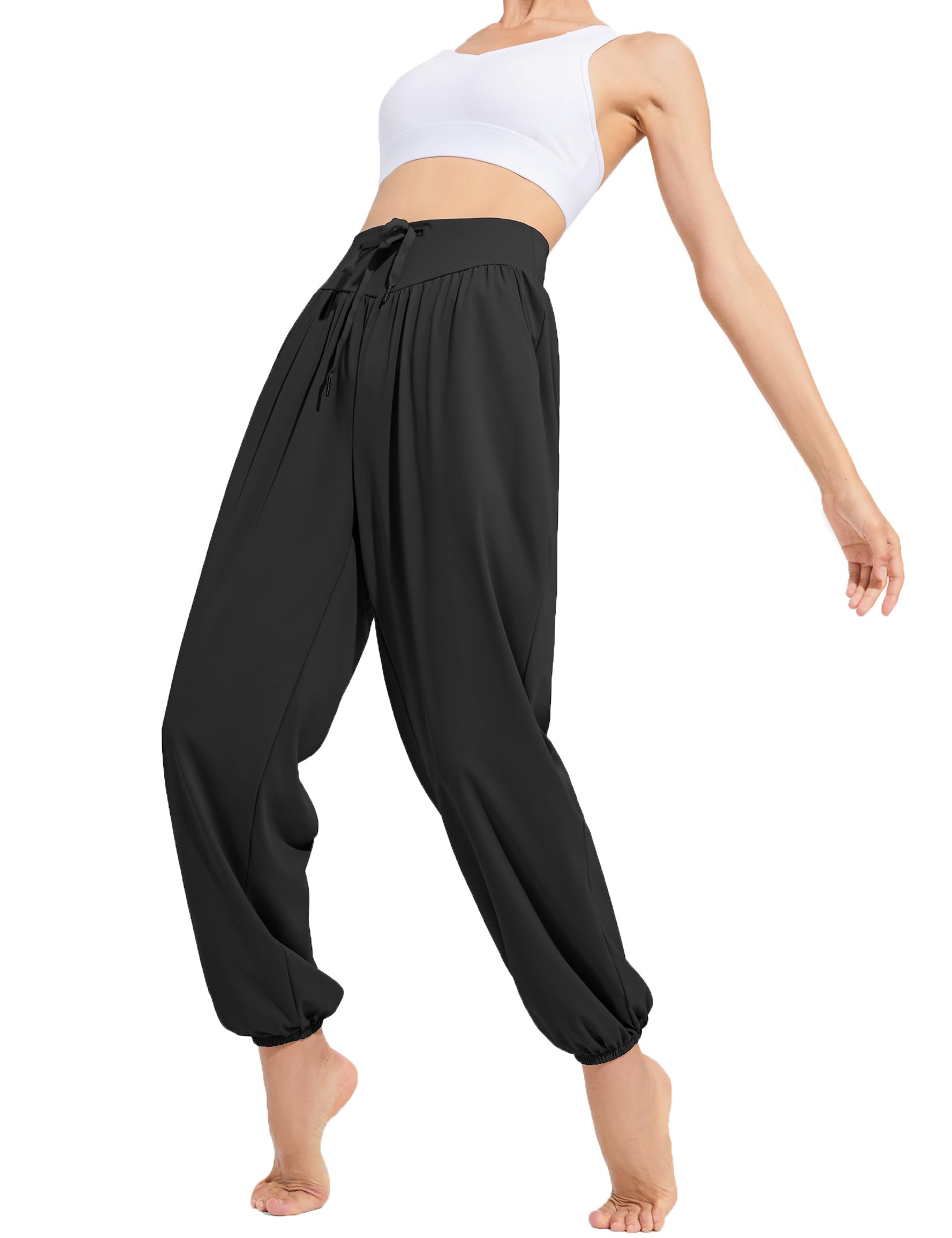 KeqinWomen Casual Loose Yoga Pants High Waisted Elastic Soft Ice Silk Trousers Comfy Dance Harem Pants With Pockets