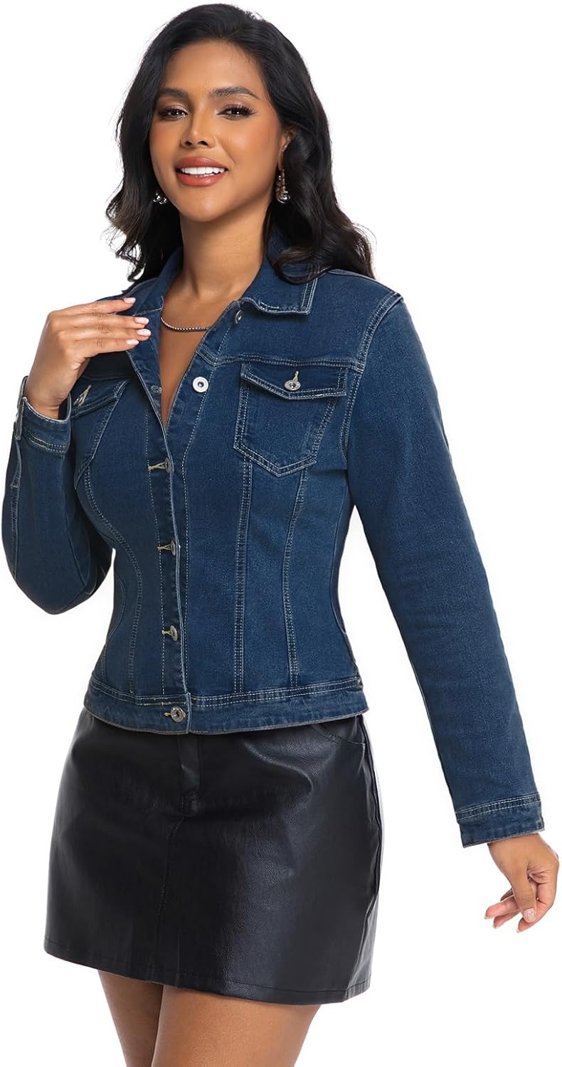 Women Cropped Denim Jacket Lapel Button Down Long Sleeve Slim Fitted Stretchy Short... - Image 4