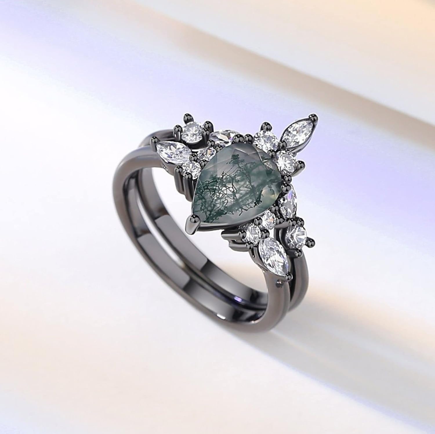 Pear Cut Moss Water Grass Stone Stackable Ring Set with Black Gold Plating and Sparkling Zircon - Customize a Ring