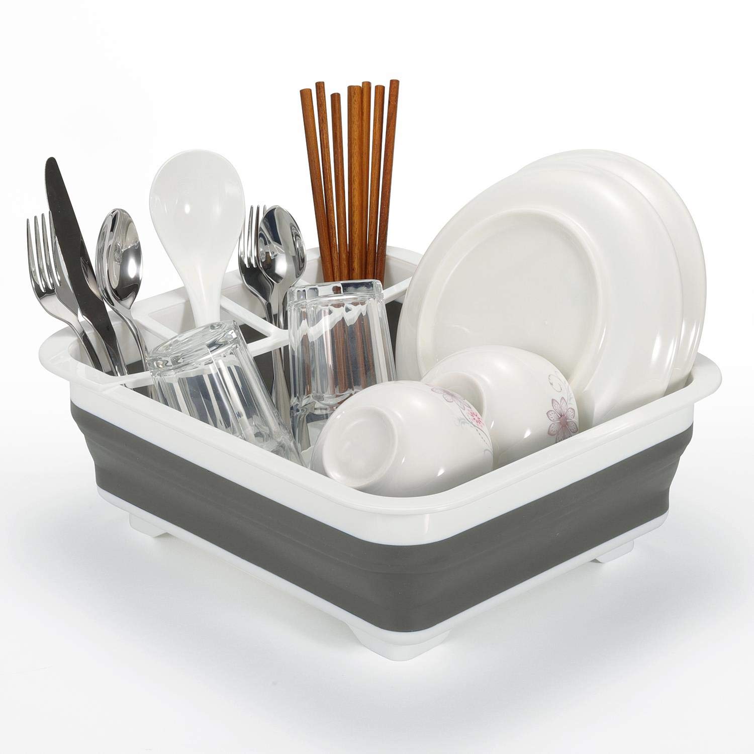 Vinsani Vinsani® Collapsible Folding Quality Dish Drainer Cutlery Plate Holder Drying Rack - & White/Grey