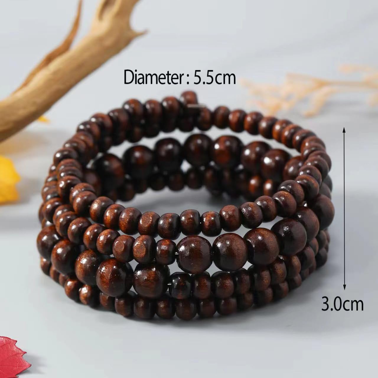 Bracciale Rigido Fatto a Mano con Perline di Legno Naturale, Bracciale Rigido Intrecciato con Motivi Geometrici Spessi per Donna, Gioielli Boho Estivi da Spiaggia.