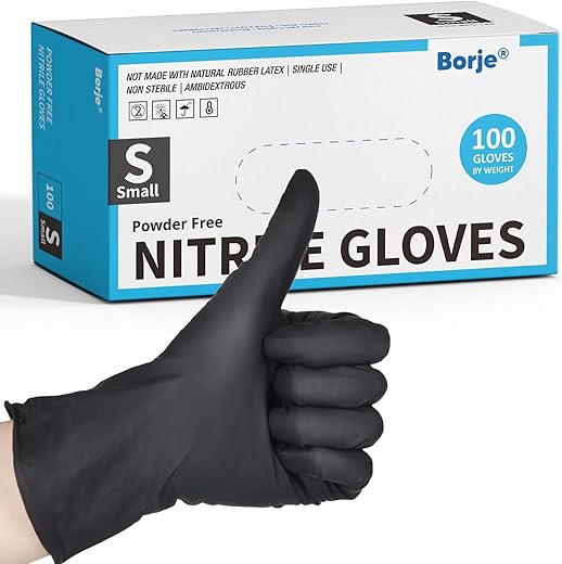 Borje Nitrile Gloves Small, 100 Count Disposable Gloves, Black, Latex-Free Powder-Free, Medical Exam, Food Safe, Cleaning, Cooking