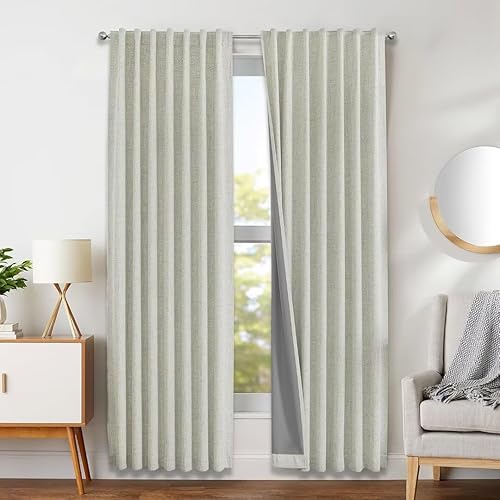 Joydeco Cortinas 100% opacas de 120 pulgadas de largo, juego de 2 paneles de lino natural para dormitorio, sala de estar, cortina de oscurecimiento