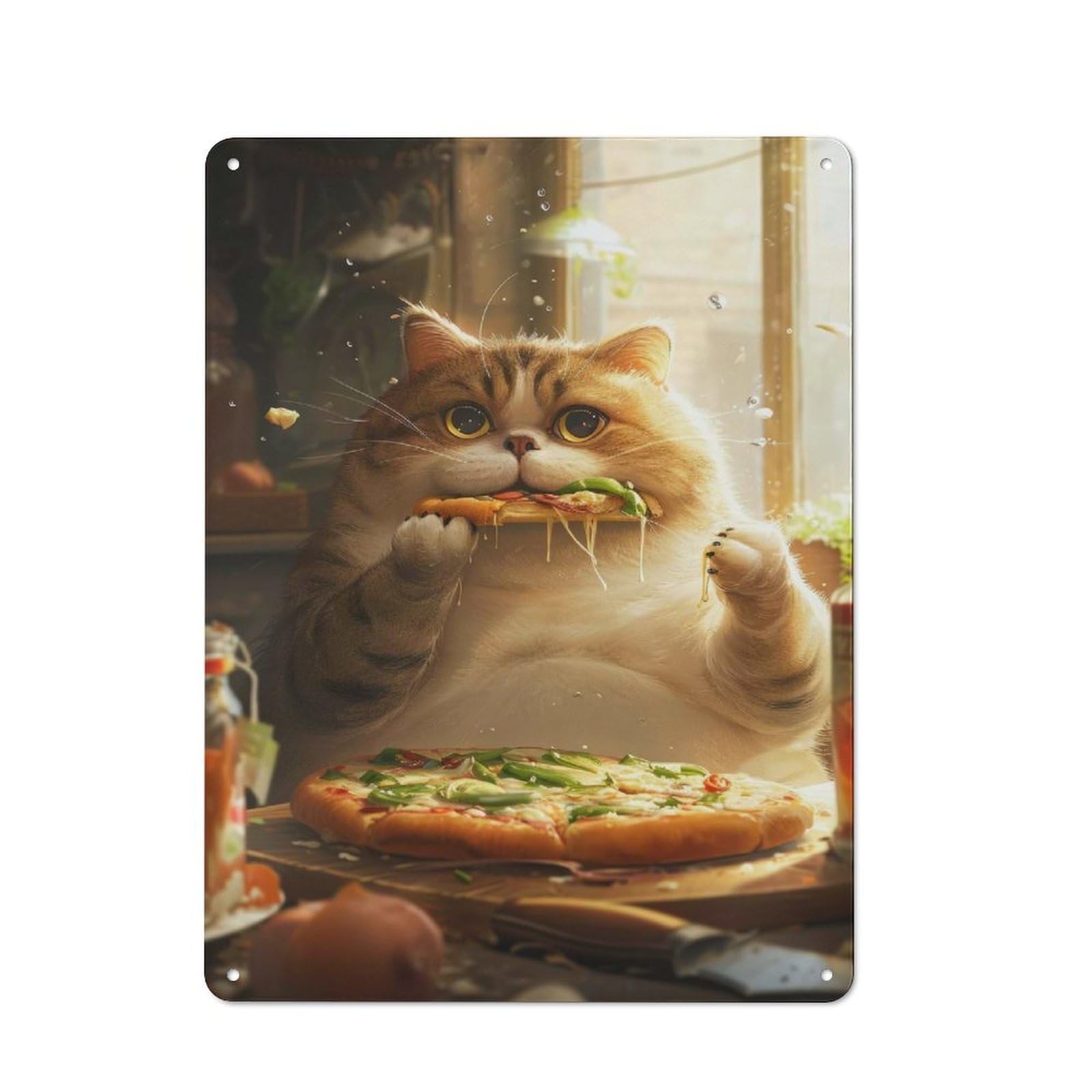 Junmoney Chubby Pizza Cat Shop Front Style Cafe Metal Sign 40X30cm Featuring Restaurant Wall Art For Takeaway, Bar, Kitchen Or Counter Area