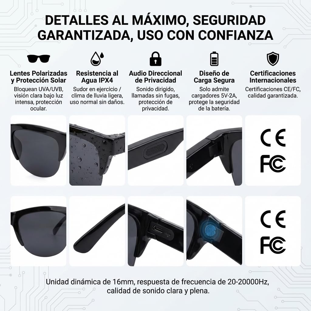 Genérico Gafas Inteligentes de Sol Bluetooth con IA y Traducción de Voz,Smart Glasses Audio para Llamadas y Música, Micrófono Antirruido para Bici y Running, Compatibles con iOS y Android - Negro