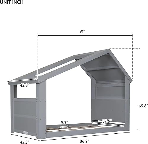 Miniatura 2 de MERITLINE HJHW50489964 - Cama de casa individual para niños, cama de suelo Montessori con ventana de techo, luz LED, no necesita somier, para niñas