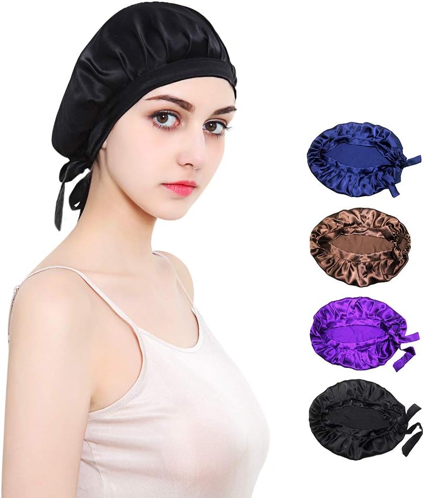 JHuuu 100% Mulberry Silk Sleep Cap Nightcap, Soft Bonnet Night Hat for Women Head Cover Bonnet for Hair Beauty With Elastic Band for Sleep, Hair Loss, Hair Protection (black)