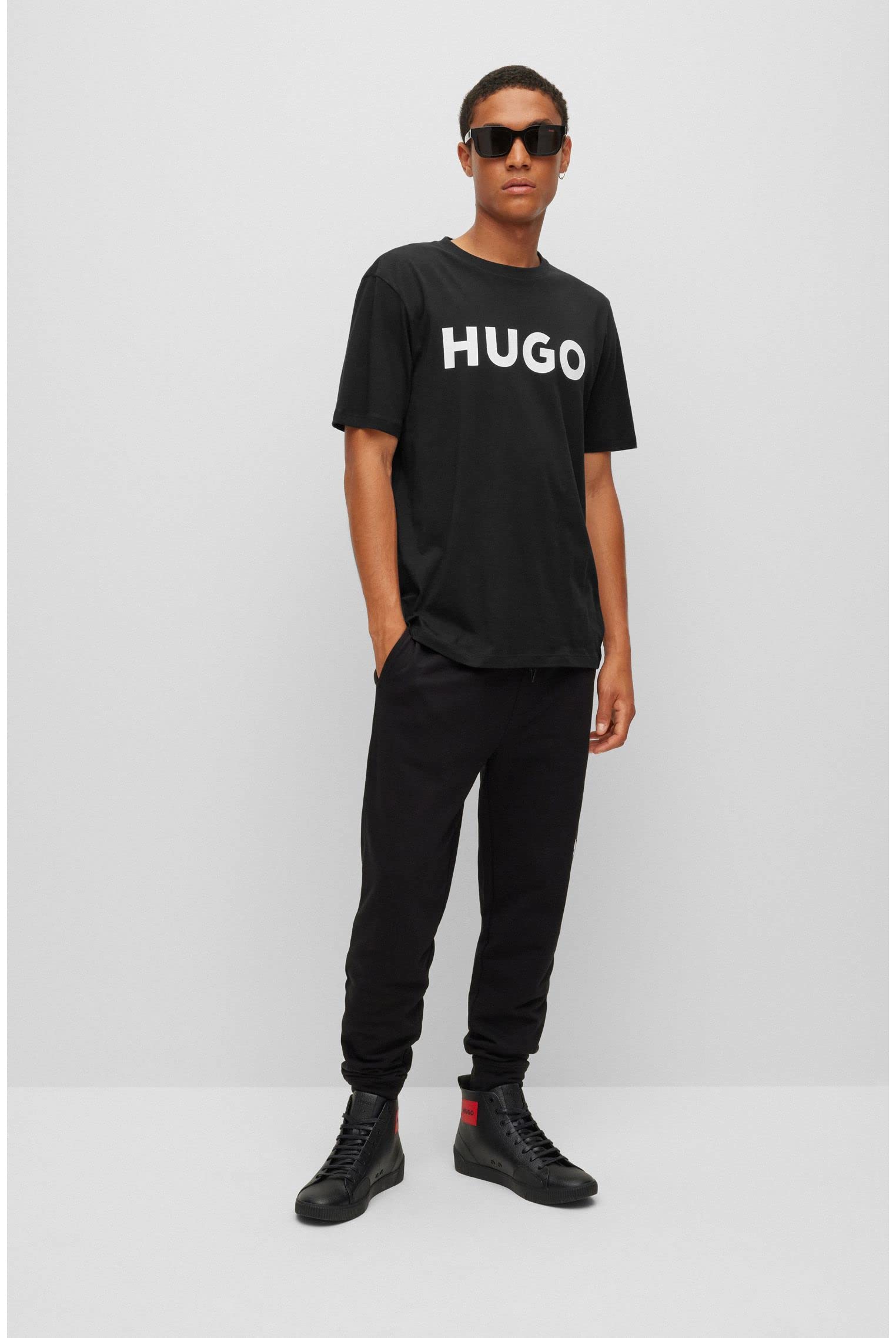 HUGO Męski T-shirt Dulivio Regular -Fit z bawełnianego dżerseju z kontrastowym logo, Schwarz002, L
