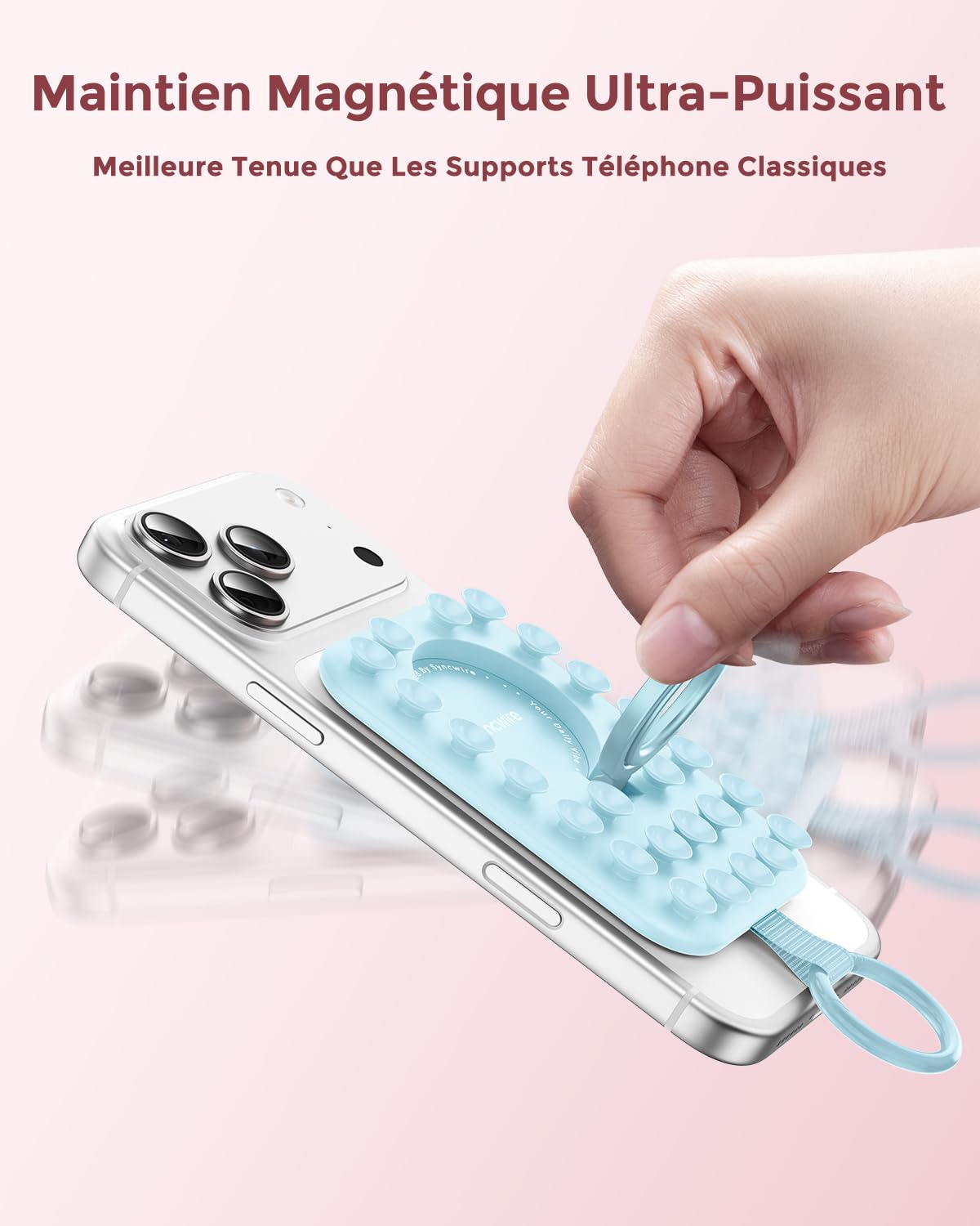 Syncwire Support Téléphone Magnétique en Silicone avec Ventouse Puissante – Anneau Magnétique Compatible MagSafe pour iPhone/Android, Mains Libres, Selfies & Vidéos TikTok, Bleu