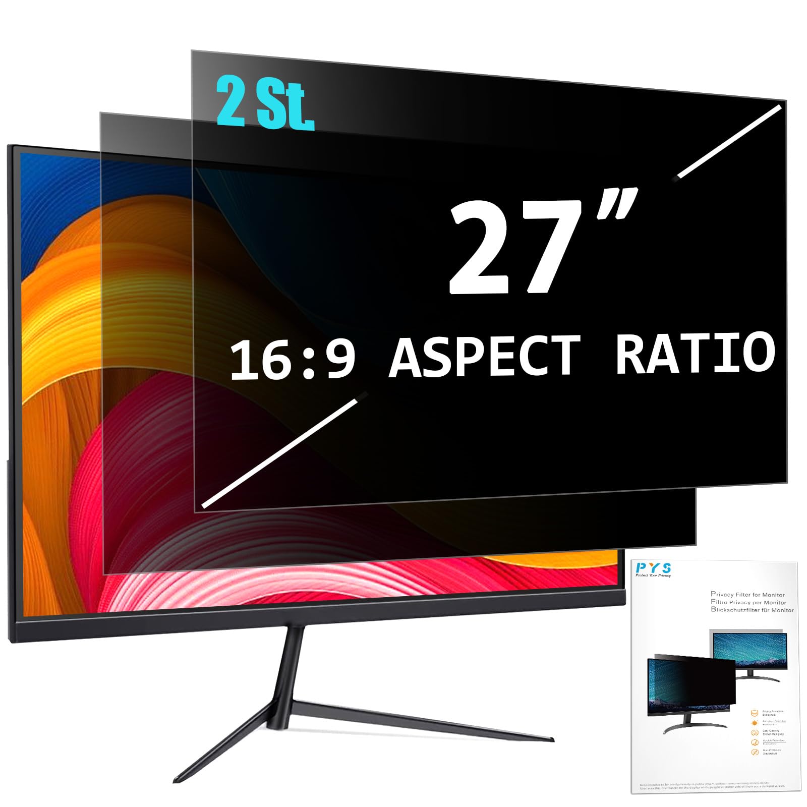 PYS 2 Stück Blickschutzfolie Monitor 27 Zoll Sichtschutz für Monitor 16:9 Seitenverhältnis, Anti-Blaulicht Blendfrei Abnehmbare 27" Bildschirm Sichtschutzfolie Blickschutzfilter Sichtschutzfilter