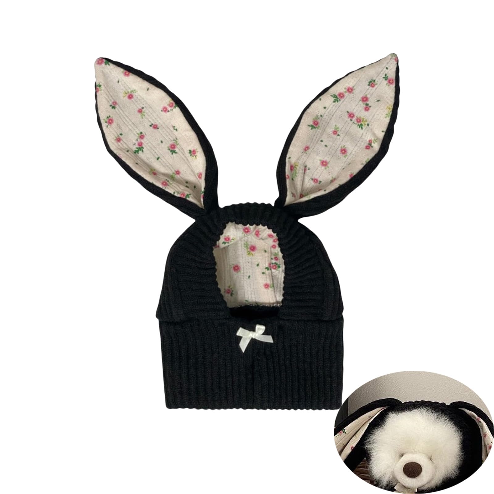 Rabbit Quiet Ears for Dogs Dog Ear Muffs Noise Protection Knitted Dog Hats Pet Ears Warm Dog Ear Cover Winter Hat Dog Head Wrap Bunny Costume for Small Dogs Cats Pets (Black
