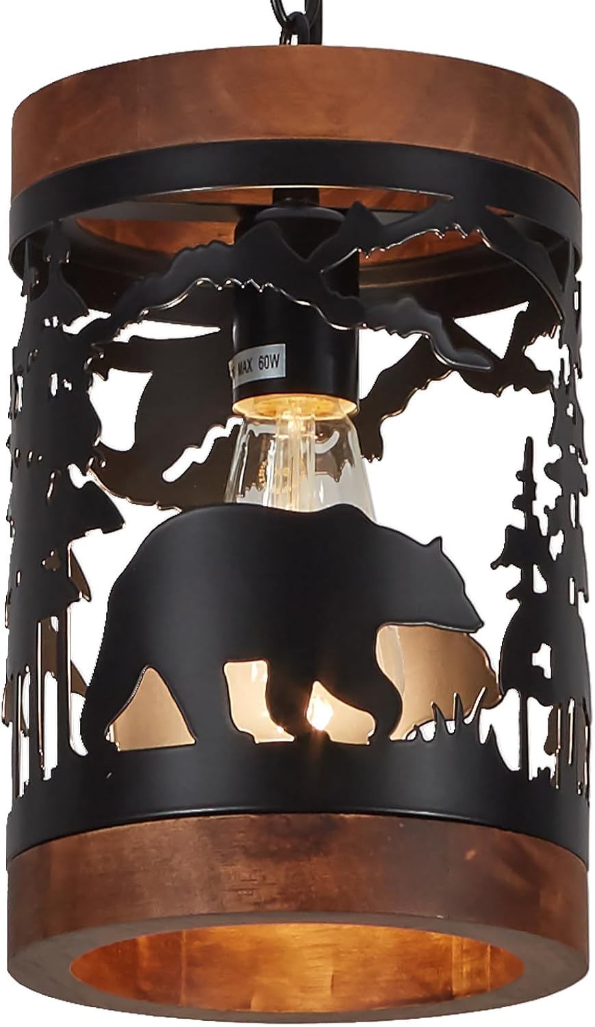 Rustic Bear Pendant Light, 1-Light Farmhouse Wood and Metal Cage Chandelier, Adjustable Hanging Ceiling Fixture for Kitchen Island, Hallway, Bar, Dining Room, Foyer, or Bedroom, (No Bulb Included)