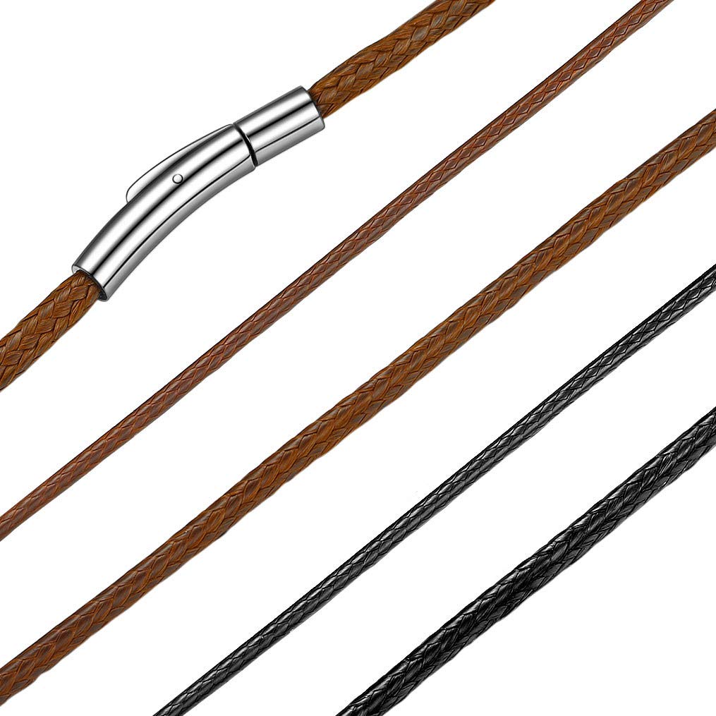 Bandmax Collar Suave Cordones Trenzados Impermeable con Cierre Clip, Collar Cuero Personalizado Eslabones Finos 2mm/3mm Ancho 40cm-76cm Largo, Color Marrón/Negro