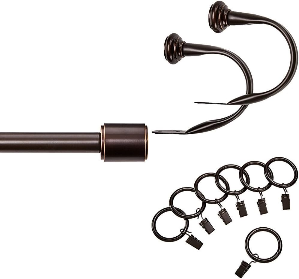  Basics 1" Curtain Rod with Cap Finials, 72" to 144", Curtain Clip Ring (Set of 7), and Curtain Holdbacks (Set of 2), Espresso (Dark Bronze) : Home & Kitchen
