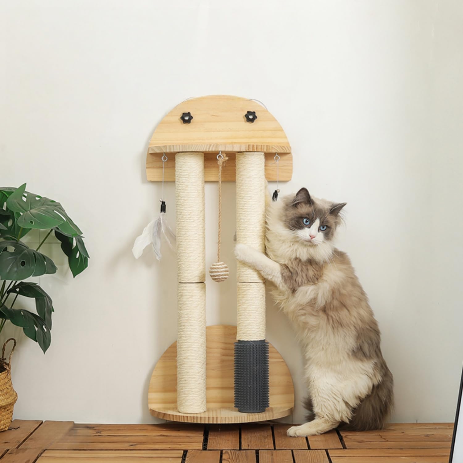 SHENGOCASE Tiragraffi da parete in legno naturale con ventose, giocattolo a forma di palla di piume e toelettatura, mobili da parete per gatti
