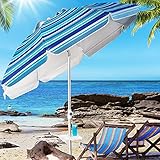 Aoxun Beach Umbrella, 7ft Beach Umbrella with Tilt Aluminum Pole and Food Tray, Portable Umbrella with Sand Anchor and Carry Bag, UPF 50+ Sun Shelter with Air Vents Design for Sand and Outdoor Activities (Blue White Stripe)