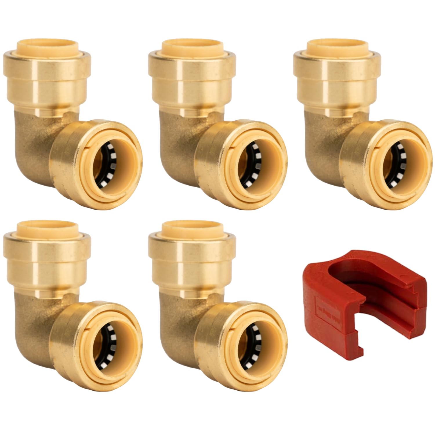 Accesorios de fontanería de codo de 1,27 cm con herramienta de extracción de clip deslizante, accesorios de latón para cobre, PEX y CPVC, certificado sin plomo (paquete de 5)