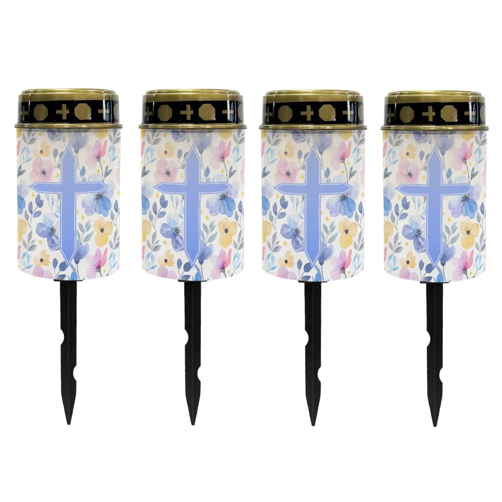 Poceacles Cross Solar Lights Outdoor Waterproof Cemetery Lights Solar Powered Grave Solar Lantern Outdoor Waterproof Walkway Lights for Lawn Garden Pathway, Blue Floral Cross, Pack of 4
