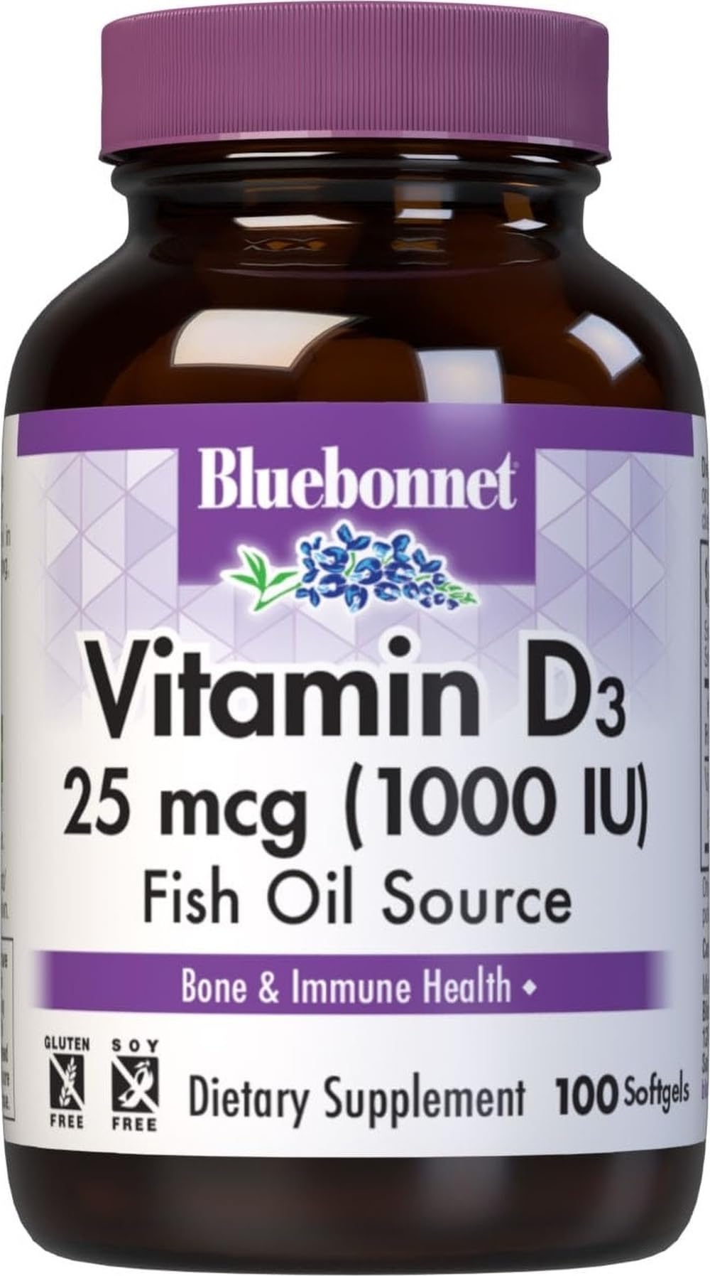 Bluebonnet Nutrition Vitamin D3 1000 IU Softgels, Aids in Muscle and Skeletal Growth, Cholecalciferol from Fish Oil, Non GMO, Gluten Free, Soy Free, Dairy Free, 100 Softgels Raspberry 100 Count (Pack of 1)