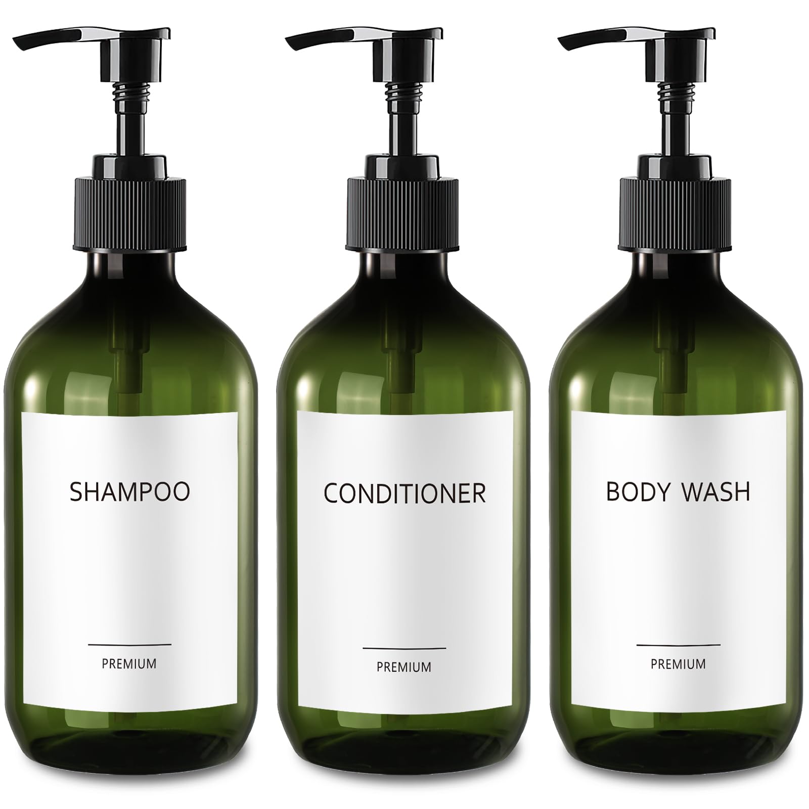 Gmisun Green 3-Pack 500ml Recycled Plastic Shampoo & Conditioner Dispenser with Pump, Bathroom Bottles with Labels