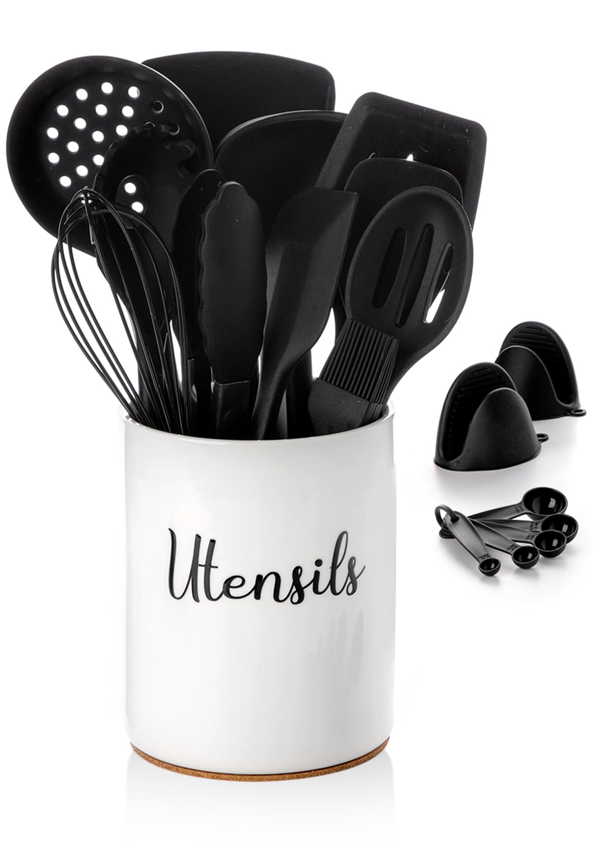 Nucookery Lot de 18 ustensiles de cuisine en silicone pour comptoir de cuisine, passent au lave-vaisselle, résistants à la chaleur, non toxiques ( noir