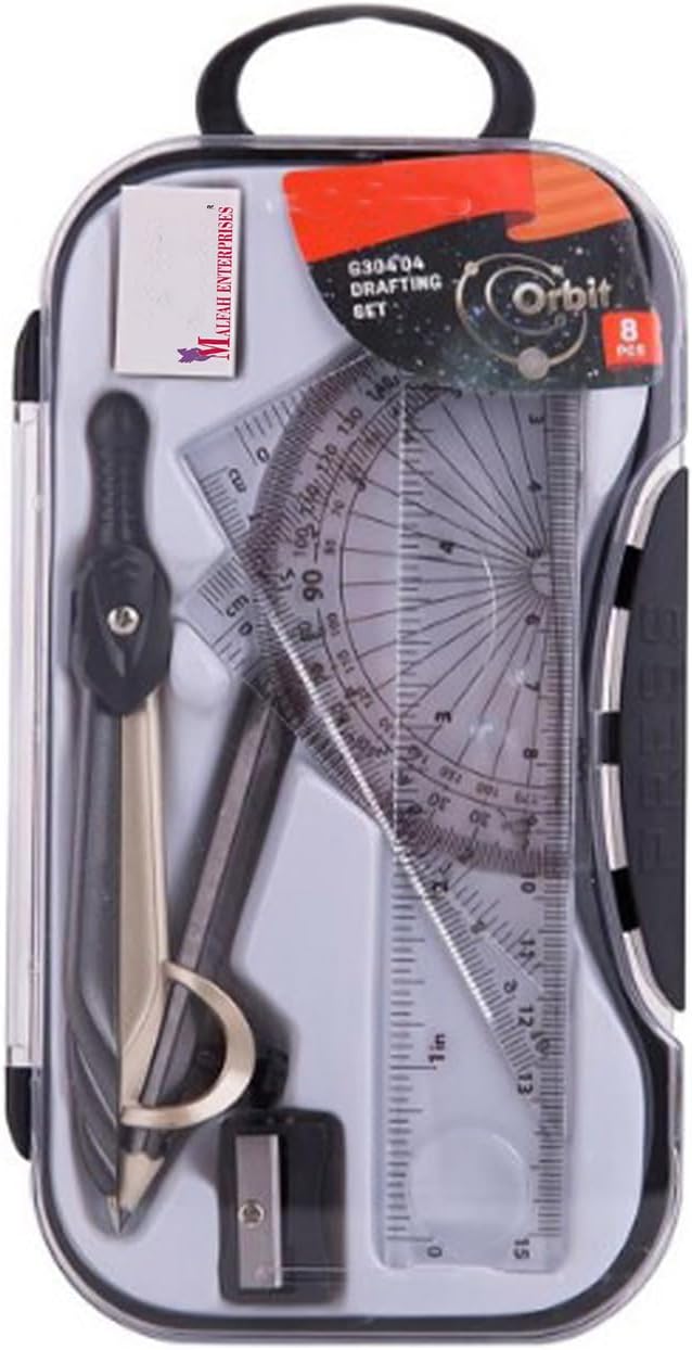 Malfah Compass Drafting Box Black Set Mini Drafter Sheet Container Drafting Kit 8pcs for Kids Basic Drafting Materials G30404
