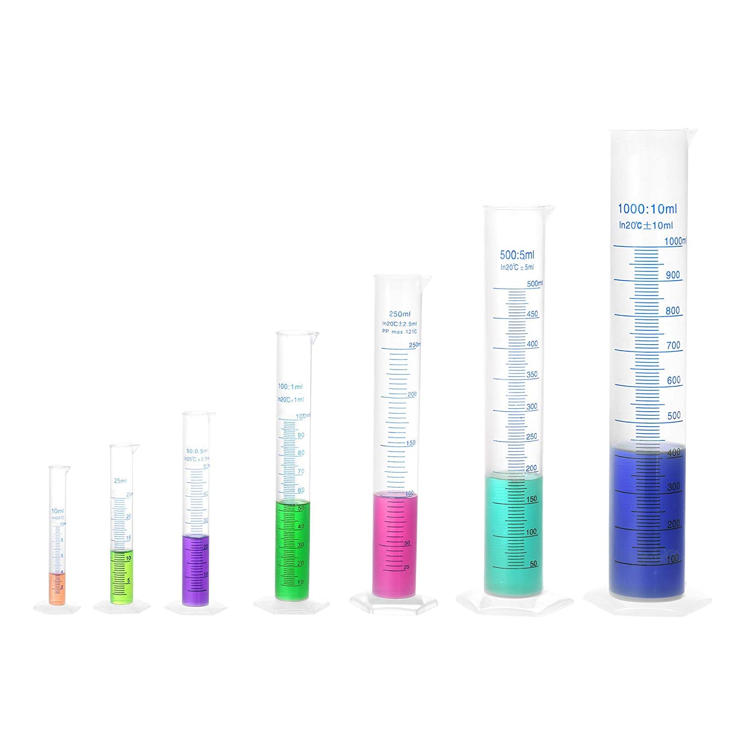 XYWHPGV Plastikowy cylinder z podziałką, 10 ml 25 ml 50 ml 100 ml 250 ml 500 ml 1000 ml cylinder miarowy, dwustronne oznaczenie metryczne, przezroczysta podstawa sześciokątna, zestaw 7 w 1(8011f 87971