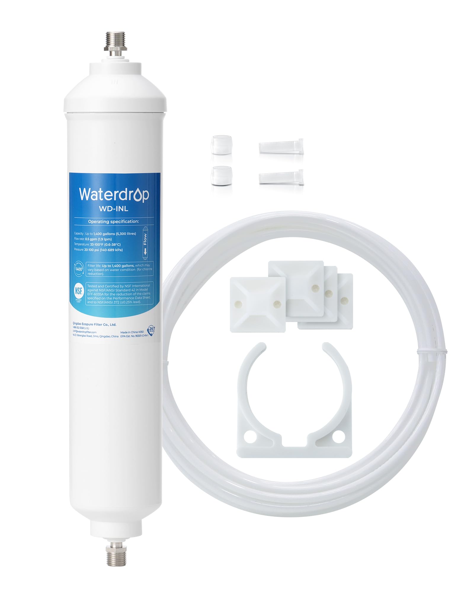 Waterdrop in-Line Refrigerator Filter, NSF Certified High Capacity Drinking Water Filtration System with Direct Connect Fittings, Removes Lead, Chlorine, Bad Taste & Odor