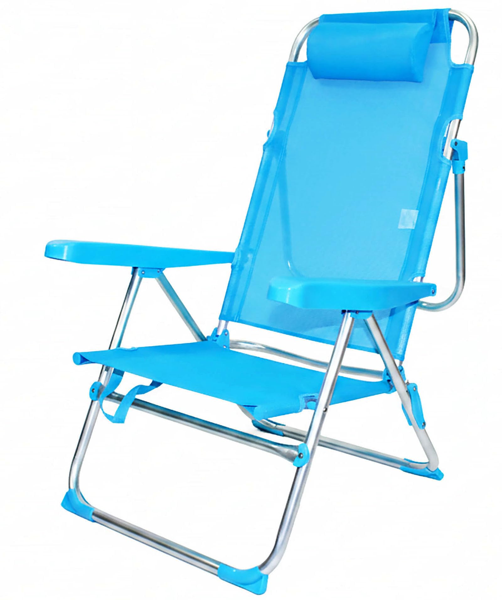Silla de Playa Plegable Reclinable de Aluminio, 4 Posiciones Ajustables, Ligera y Portátil, Respaldo Alto con Reposabrazos, Silla Baja para Playa, Camping, Jardín y Piscina, Color Azul Liso