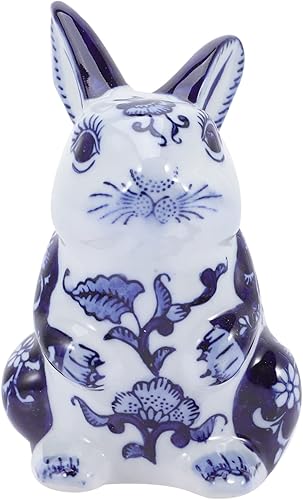 Garneck Figura de conejo de cerámica, adorno de conejo de porcelana azul y blanca, decoración al aire libre, mini decoración, decoración china para